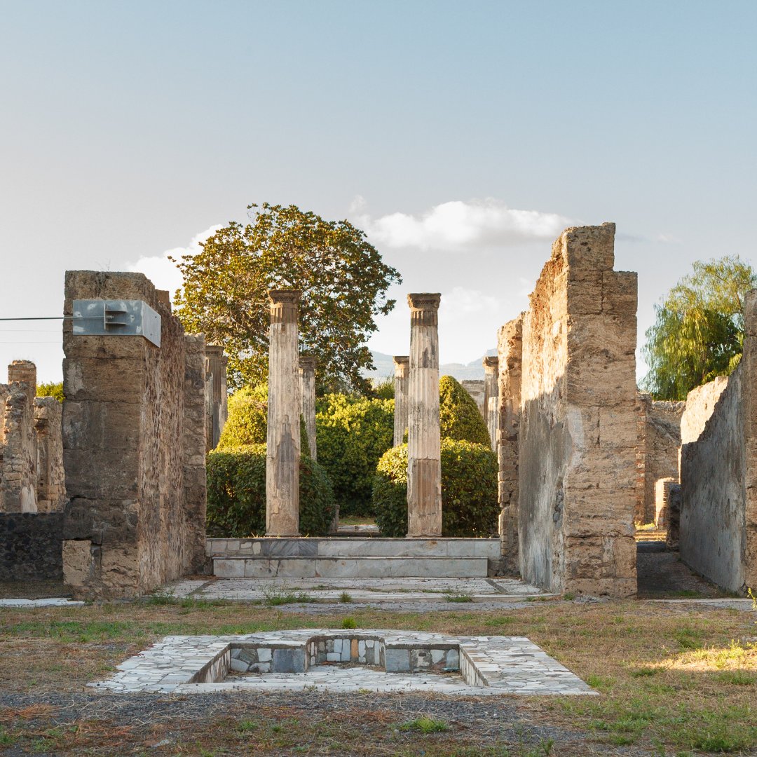 A wealthy Roman house in Pompeii with its central courtyard and surviving Doric columns