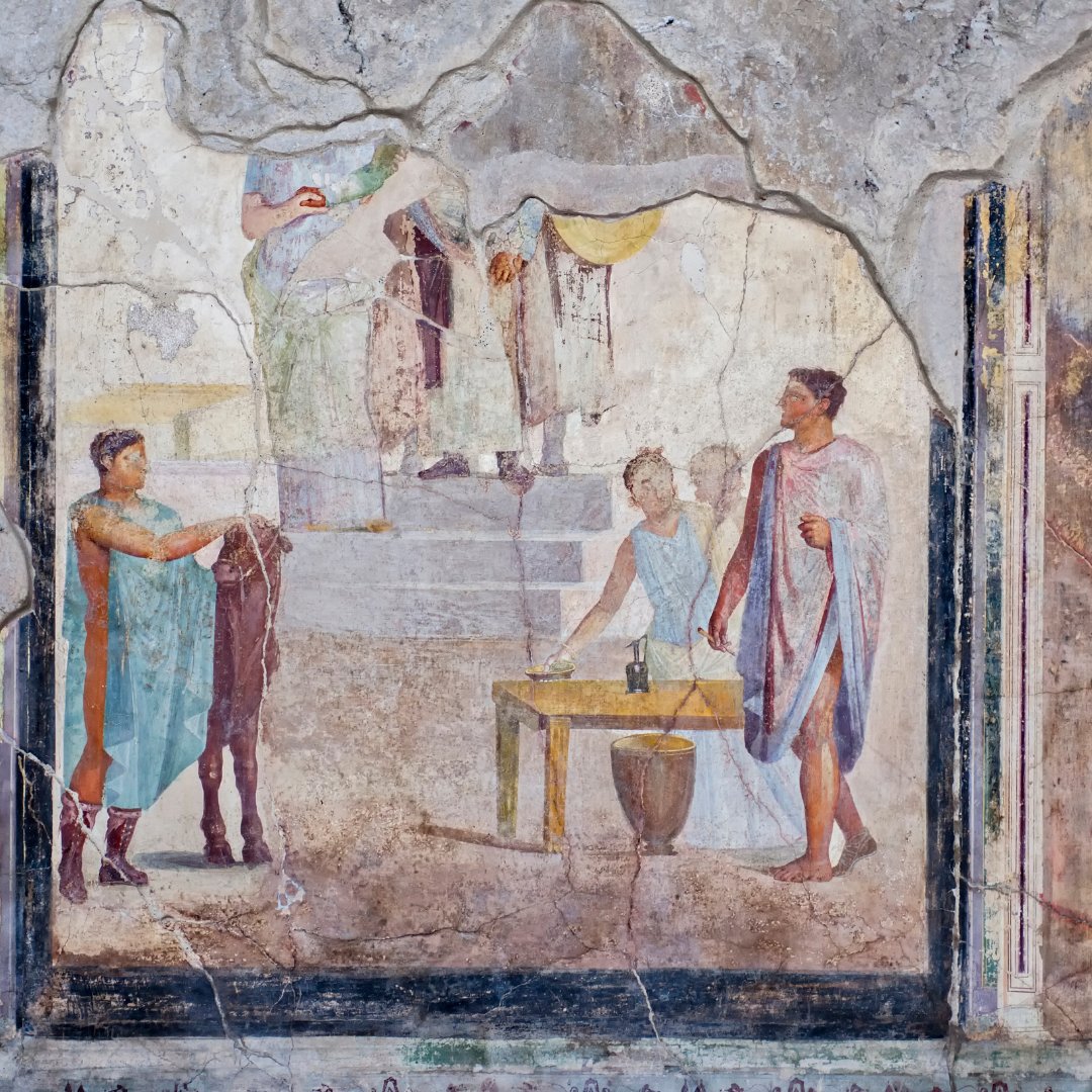 A vivid Pompeian wall fresco showing figures in togas around a sacrificial table