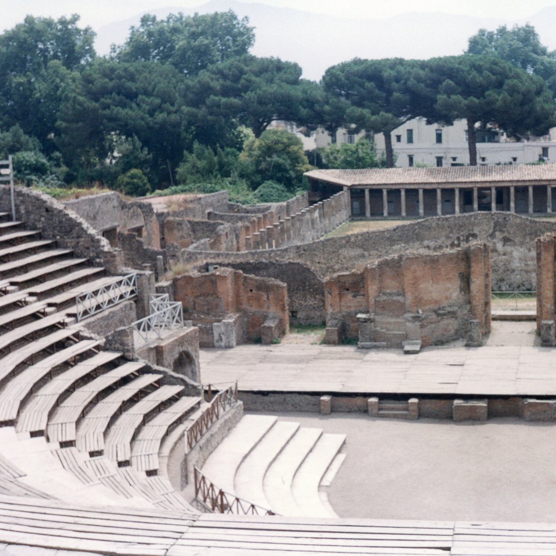 The Large Theatre of Pompeii with stone seating tiers and umbrella pines on the horizon